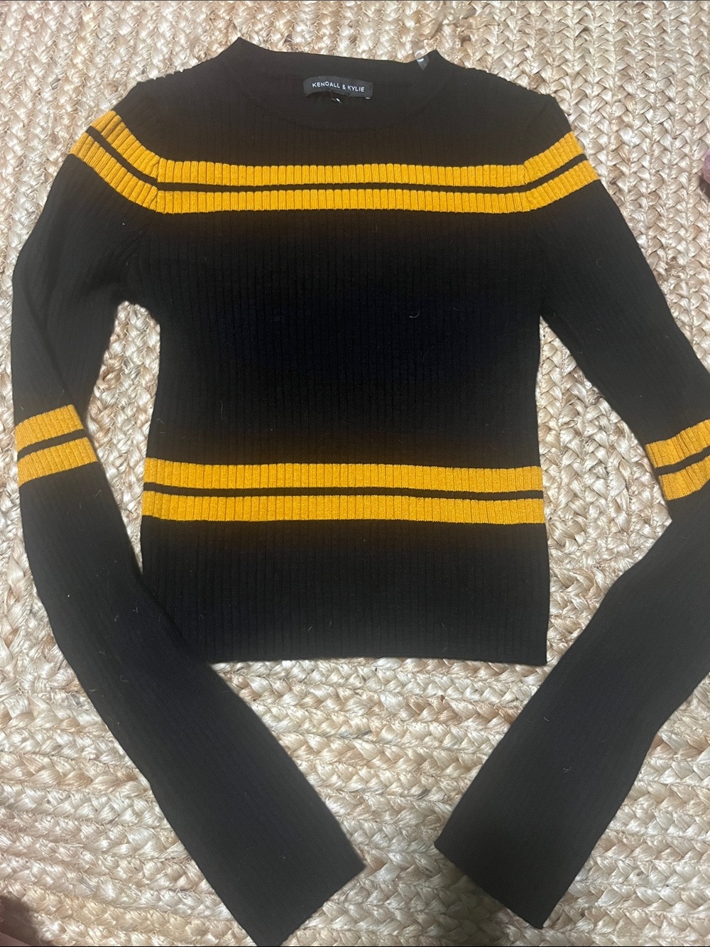 Kendall & Kylie Black Ribbed Sweater with Yellow Stripe Accents